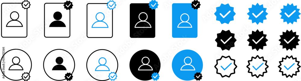 Verified profile icon. Verification icons of social media account. Checked user profile account. Verified profile icon. Verification icons of social media account. Checked user profile account.