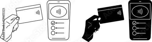 Wireless payments. NFC and POS terminal. Hand holding credit card. Swipe credit card.