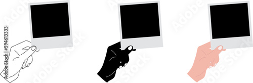 Hand holding a photo. Polaroid photo in hand. Flat style and simple line on white background.