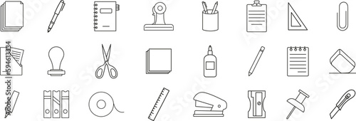 Stationery office supply. Line icons of outline about stationery on transparent background.