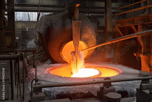 aluminium smelting process, with molten metal flowing from furnace, created with generative ai