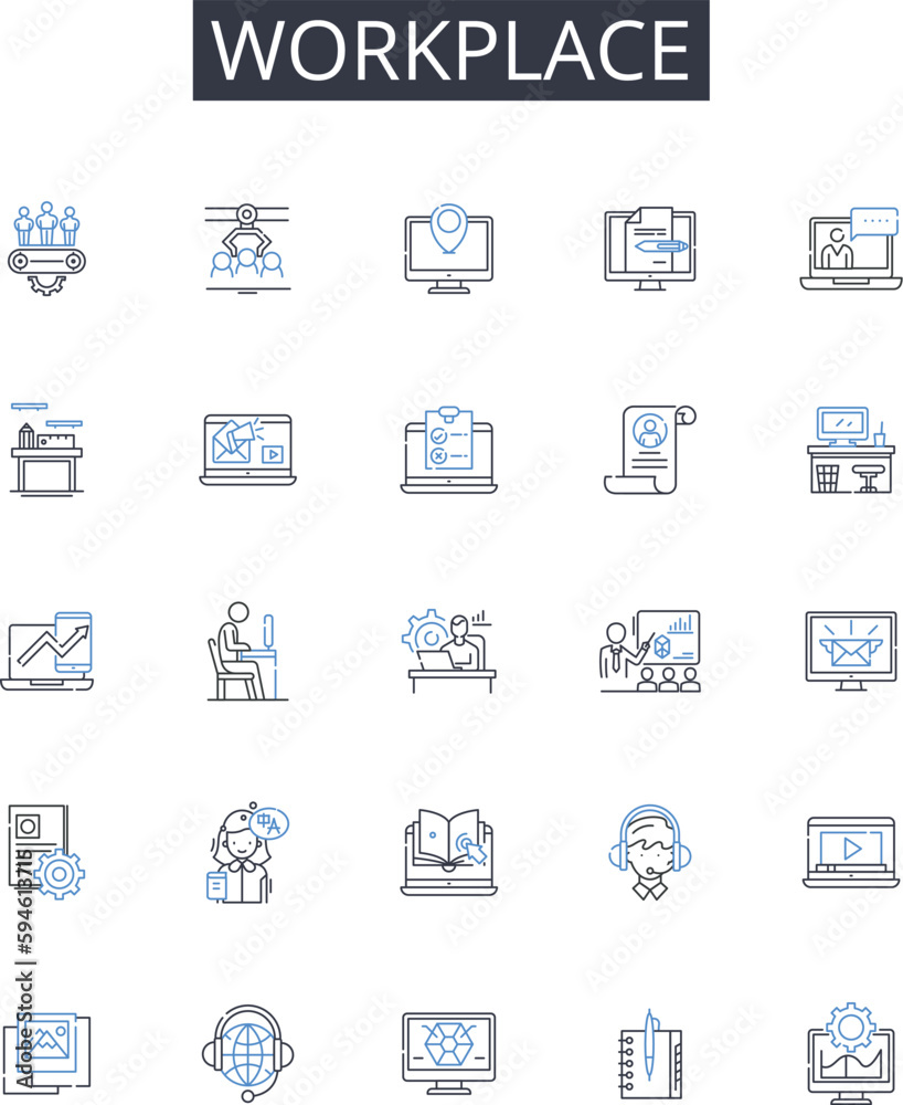 Workplace line icons collection. Office Space, Job Site, Occupation Area, Business Center, Work Locale, Employment Z, Career Hub vector and linear illustration. Professional Realm,Labor Ground Workplace line icons collection. Office Space, Job Site, Occupation Area, Business Center, Work Locale, Employment Z, Career Hub vector and linear illustration. Professional Realm,Labor Ground