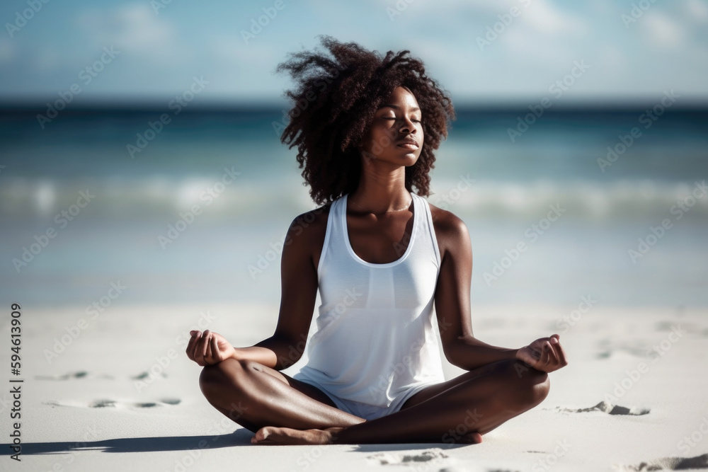 Portrait of a young black woman in white clothes sitting on the beach and meditating AI generative art - obrazy, fototapety, plakaty 