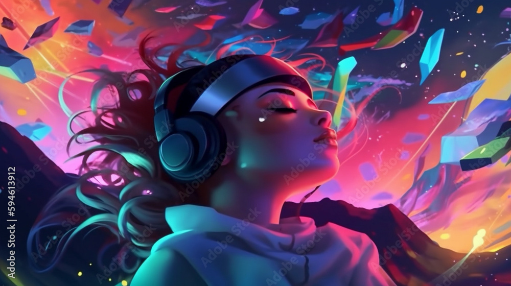 A dark-skinned girl sleeps peacefully, Young woman using virtual reality headset, video game concept. Generative AI.