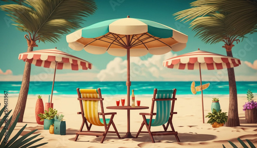 Summer beach by the sea beach chair and umbrella  summer vacation concept. Generative Ai.