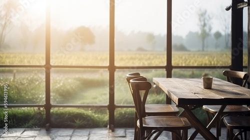 Beautiful outdoor terrace and chairs on the sunny balcony views with mountain views in the background. Generative Ai.