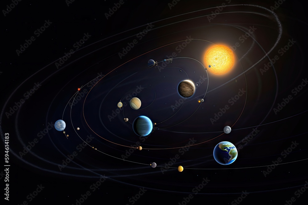 solar system, with planets and moons visible, each in their own orbit ...