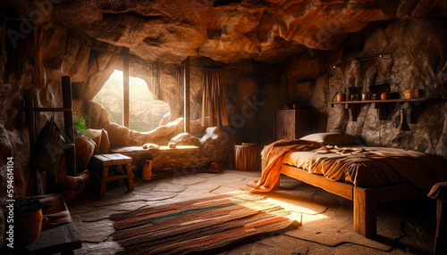 ancient stone build style bedroom interior photo