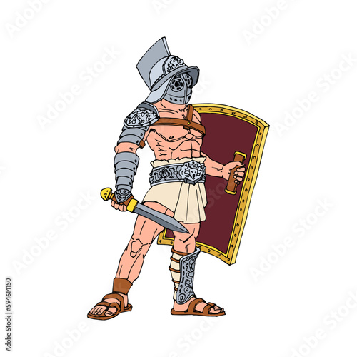 An ancient Roman gladiator with a gladius and a heavy shield. Color vector illustration with black contour lines isolated on a white background in a cartoon style.