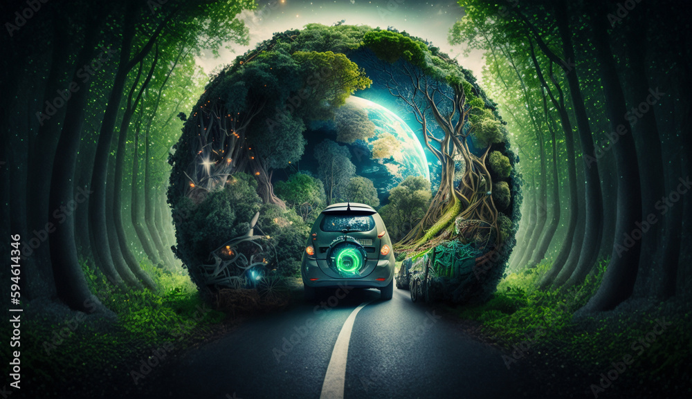 Electric vehicle and EV electric energy for the environment, EV cars on forest roads at