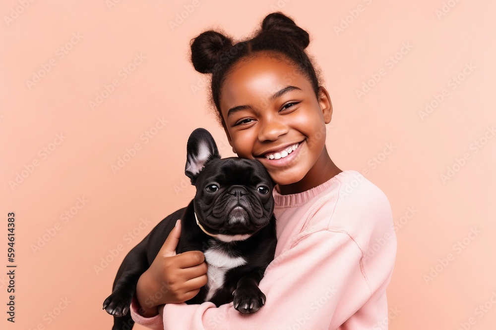 African American Girl holding a French Bulldog Puppy - Generative AI