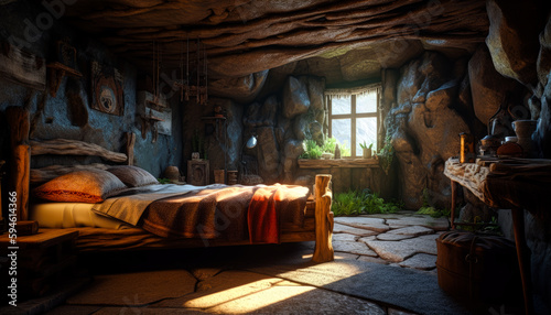 ancient stone build style bedroom interior photo