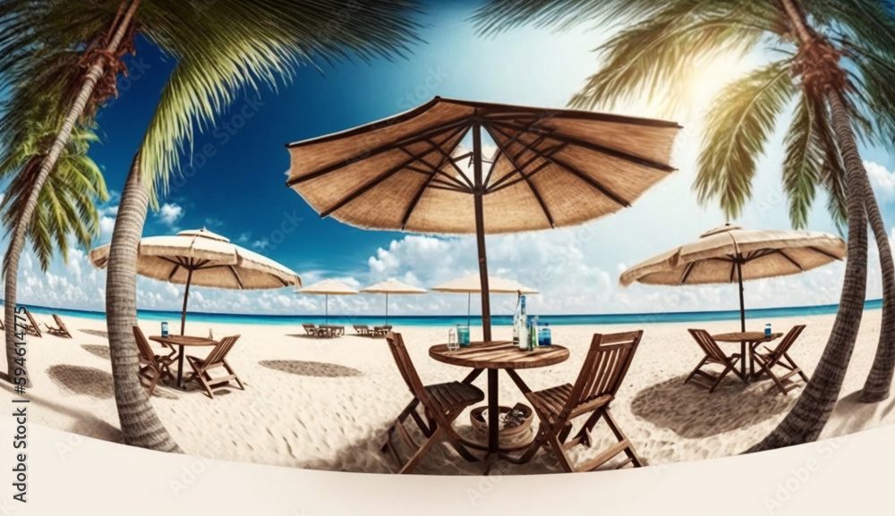 Summer beach by the sea,beach chair and umbrella, summer vacation concept. Generative Ai.