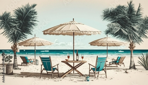 Summer beach by the sea,beach chair and umbrella, summer vacation concept. Generative Ai. © Gassenee