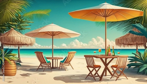 Summer beach by the sea beach chair and umbrella  summer vacation concept. Generative Ai.