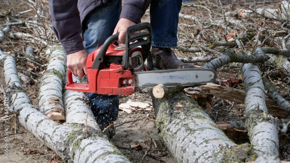 lumberjack, elderly man with a chainsaw saws firewood outdoors lumberjack, elderly man with a chainsaw saws firewood outdoors