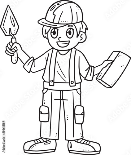 Mason and Bricks Isolated Coloring Page for Kids