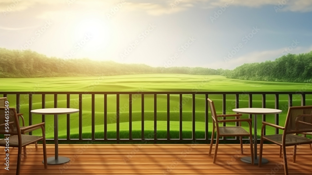 Beautiful outdoor terrace and chairs on the sunny balcony views with mountain views in the background. Generative Ai. Beautiful outdoor terrace and chairs on the sunny balcony views with mountain views in the background. Generative Ai.