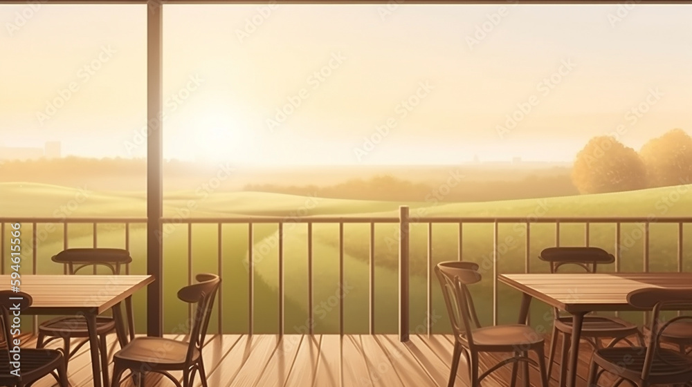 Beautiful outdoor terrace and chairs on the sunny balcony views with mountain views in the background. Generative Ai.