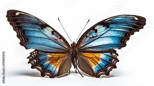 A beautiful blue-yellow-green butterfly, isolated on a white background, closeup. Generative AI.