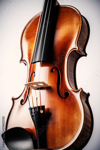 Violin Virtuosity: Elegant Close-up of a Wooden Violin - Showcasing the Delicate Craftsmanship and Timeless Beauty of a Cherished Instrument. Generative AI