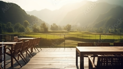 Beautiful outdoor terrace and chairs on the sunny balcony views with mountain views in the background. Generative Ai. © Gassenee