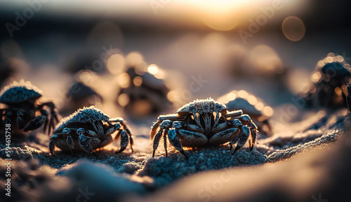 Macro shot of cute crabs on sand with light bokeh background, Generative Ai © mualtry002