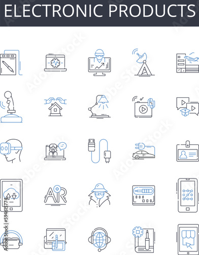 Electronic products line icons collection. Digital devices, Technological items, Electric goods, Cyber products, High-tech gadgets, Audio equipment, Smart devices vector and linear illustration. Tech