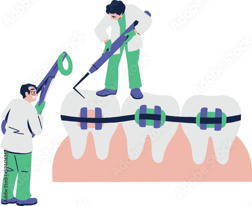 Dentist and orthodontist with stomatology tools. Vector illustration in flat style