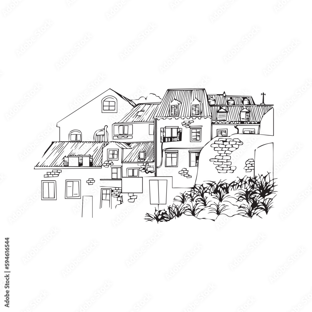 Village Country house vector Artline illustration