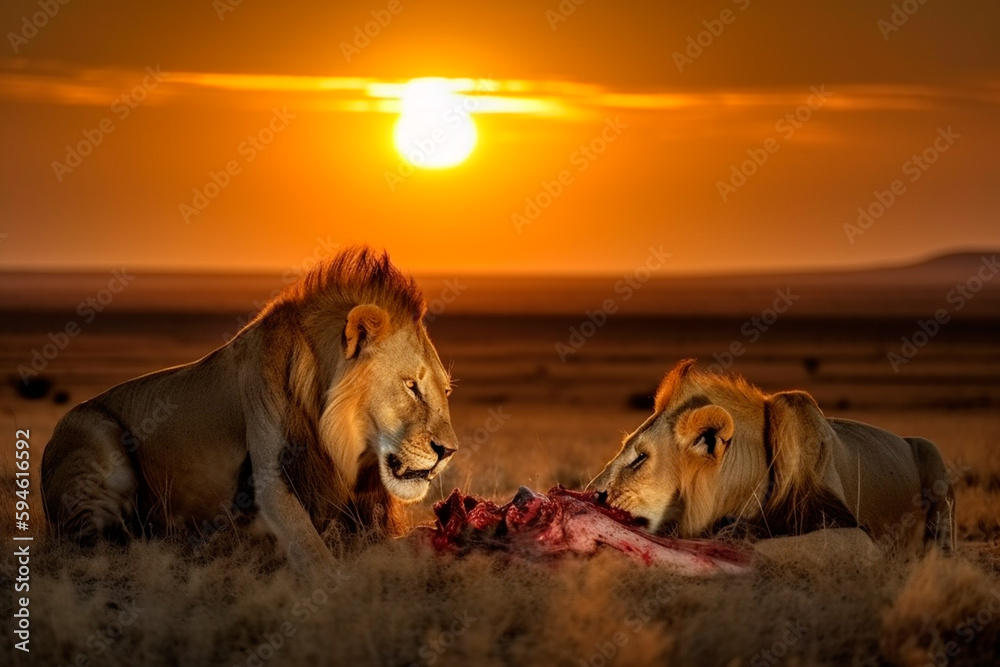 Two lions eating an antelope in the African savannah at sunset Stock