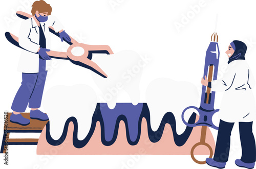 Dental clinic, dentistry, treatment and prevention concept. Dentist and patient with stethoscope and syringe. Vector illustration in flat style