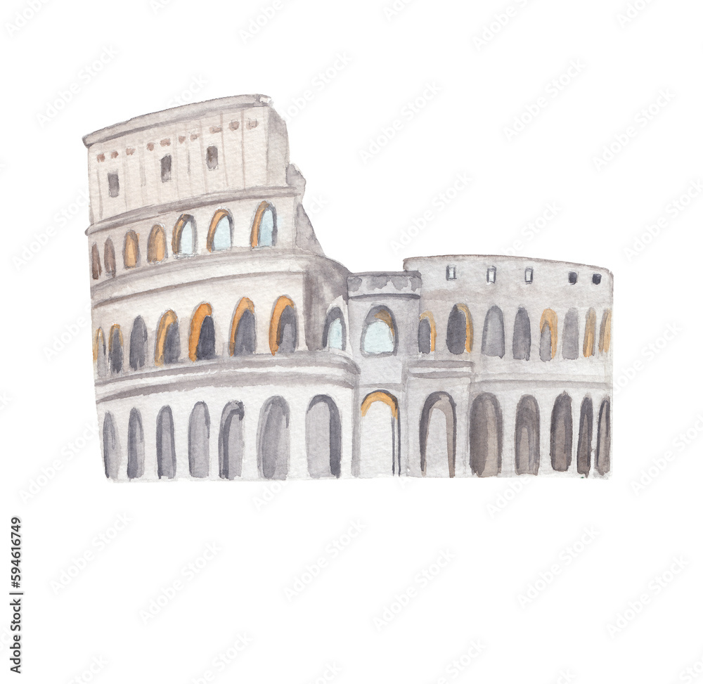 Naklejka premium Colosseum building Italy Rome Italian landmark Watercolor illustration Png clipart Printable cut file, scrapbook, souvenir, greeting card, invitation, travel journey