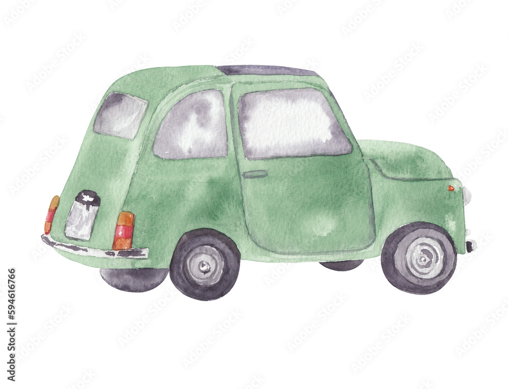 Italian green car Watercolor fiat illustration Png clipart Printable cut file, scrapbook, souvenir, greeting card, invitation, travel journey - obrazy, fototapety, plakaty 