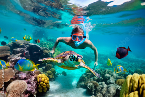 Fotografia, Obraz Little boy chasing a turtle underwater in a crystal clear ocean