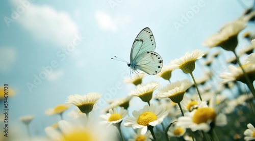 A Serene Scene of Nature's Splendor, butterfly flying over daisies and blue sky - generative ai