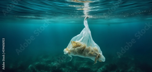 Plastic bags floating in the sea, the problem of pollution and dirty oceans. Generative AI