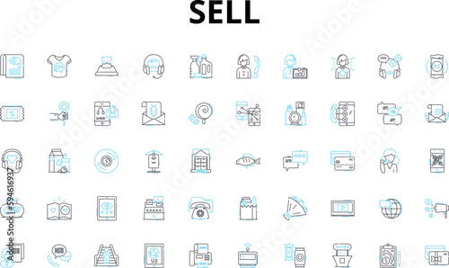 Sell linear icons set. Market, Auction, Distribute, Offer, Vend, Move, Liquidate vector symbols and line concept signs. Trade,Retail,Pitch illustration