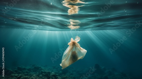 Plastic bags floating in the sea, the problem of pollution and dirty oceans. Generative AI
