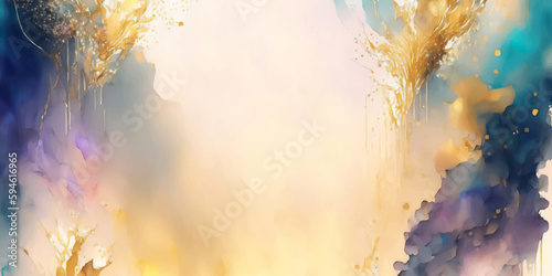 Luxury abstract fluid background in alcohol ink technique. Mixing of purple, turquoise, blue, yellow and gold colors. Art painting backdrop with glowing golden veins. Tender and dreamy design