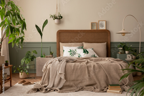 Ταπετσαρία Warm and cozy bedroom interior with mock up poster frame, boho bed, beige bedding, green wall with stucco, books, brown slippers, plants in pots and personal accessories