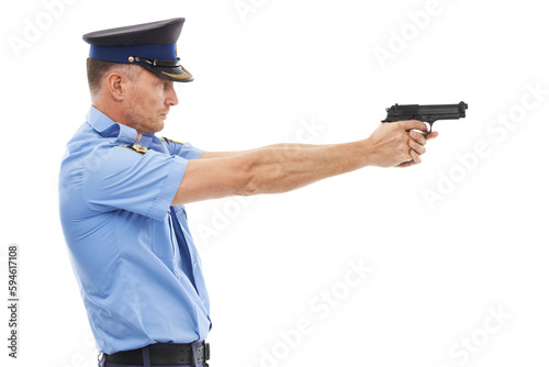 Police officer, man and aim gun to shoot for law, security or stop crime by transparent png background. Isolated policeman, profile and pistol with shooting for justice, safety or public protection