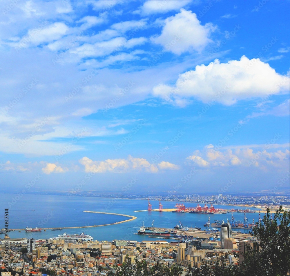 Clouds above the Haifa bay in a sunny winter day, Israel
