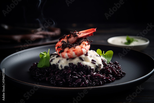Black rice with prawns, delicious, accompanied with a little aioli, discreet photography. low key photography, tasty, food photography, dark style. made with ai photo