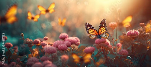 Butterflies Dancing Above Pink Flowers in Sunlit Fields - generative ai