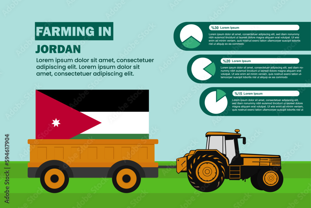 Farming industry in Jordan, pie chart infographics with tractor and trailer Farming industry in Jordan, pie chart infographics with tractor and trailer