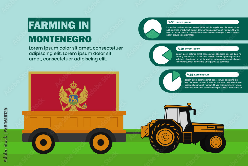Farming industry in Montenegro, pie chart infographics with tractor and trailer Farming industry in Montenegro, pie chart infographics with tractor and trailer