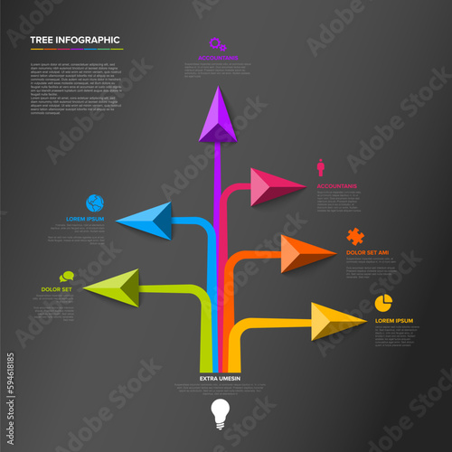 Tree dark infographics template with various diversity options and big arrows