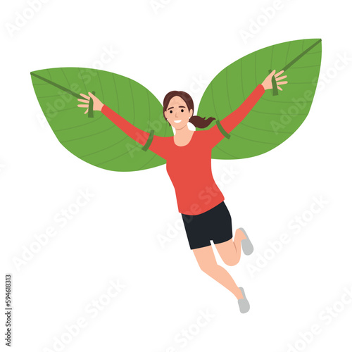 Young woman flying on leaves wings, representing ecotourism and eco-travel