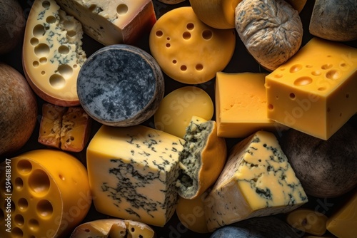 Types of cheese displayed on a background. Generative AI